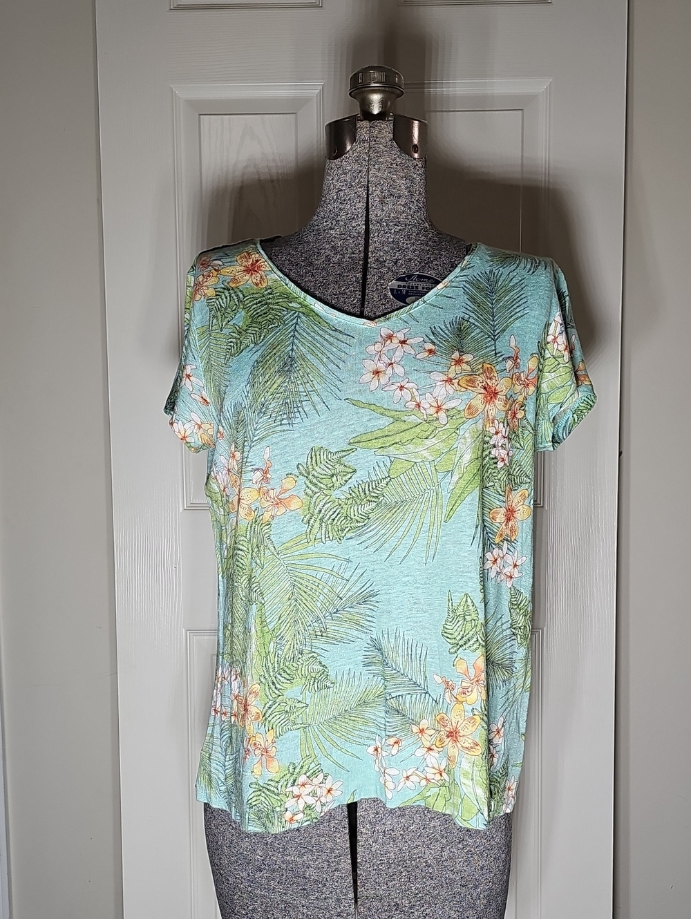 J.Jill Love Linen Turquoise Tropical Floral Print Short Sleeve Top 100% Linen M